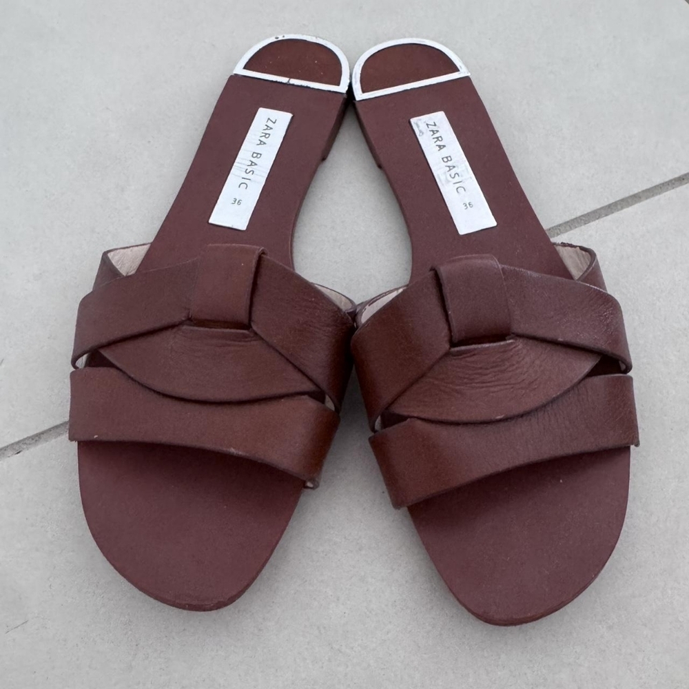 Zara Brown Braided Leather-Style Slide Sandals